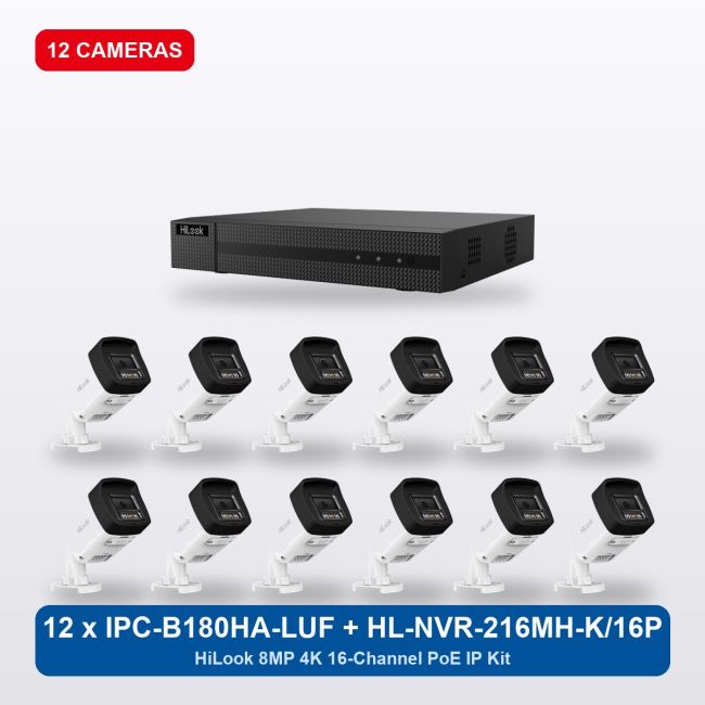HiLook HL-NVR-216MH-K/16P 16Ch IP Kit with 12 x IPC-B180HA-LUF/SL Cameras