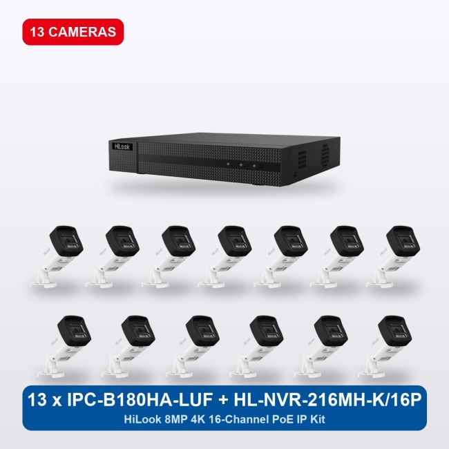 HiLook HL-NVR-216MH-K/16P 16Ch IP Kit with 13 x IPC-B180HA-LUF/SL Cameras