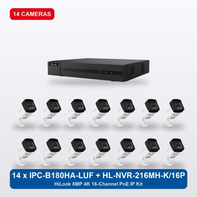 HiLook HL-NVR-216MH-K/16P 16Ch IP Kit with 14 x IPC-B180HA-LUF/SL Cameras