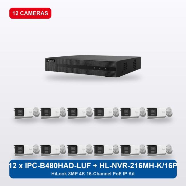 HiLook HL-NVR-216MH-K/16P 16Ch IP Kit with 12 x IPC-B480HAD-LUF/SL Cameras