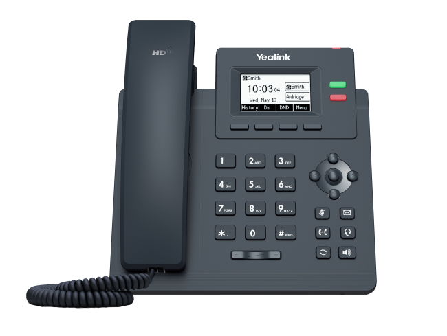 Yealink SIP-T31P IP phone with 2 lines, front view with handset and backlit display
