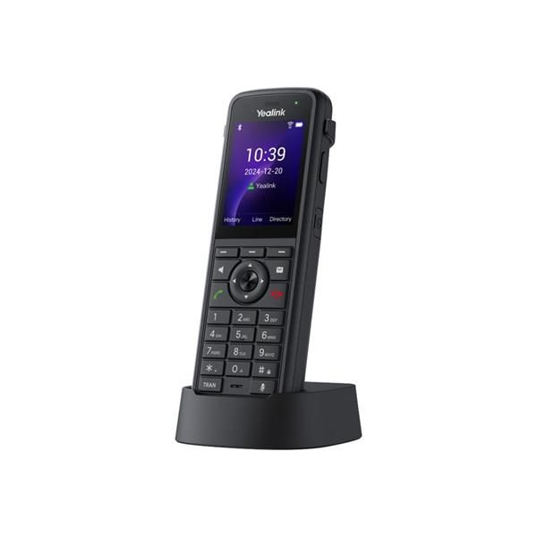 Yealink AX86R ruggedised Wi-Fi handset with charging cradle, angled view