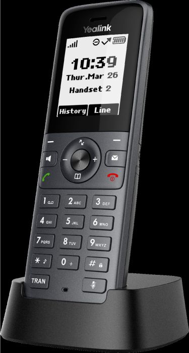 Yealink W71H DECT IP phone handset angled view on charger cradle