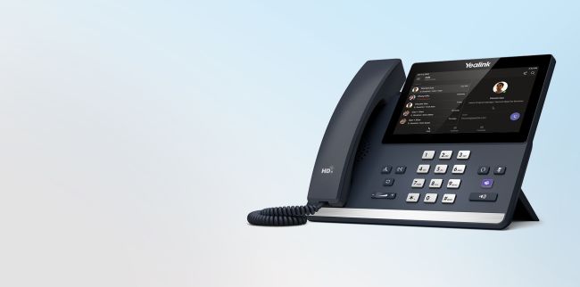 Yealink MP56 E2 Microsoft Teams IP phone, front angled view with handset and 7-inch touch screen