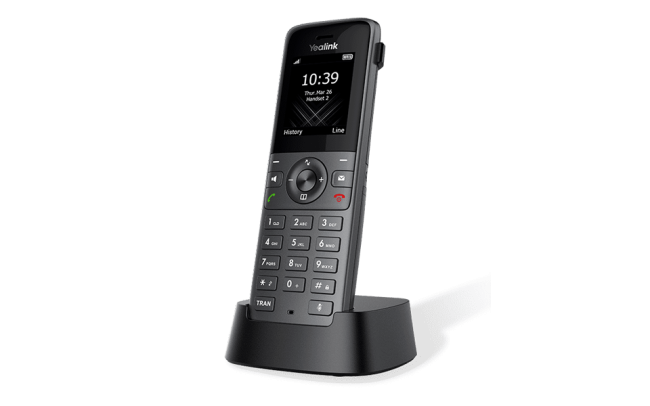 Yealink W73H DECT IP phone handset angled view on charger cradle