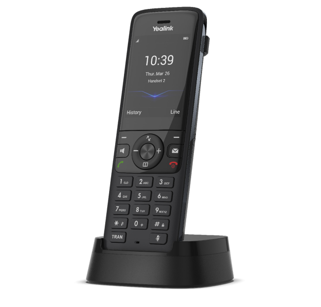 Yealink W78H DECT IP phone handset angled front view in charger cradle