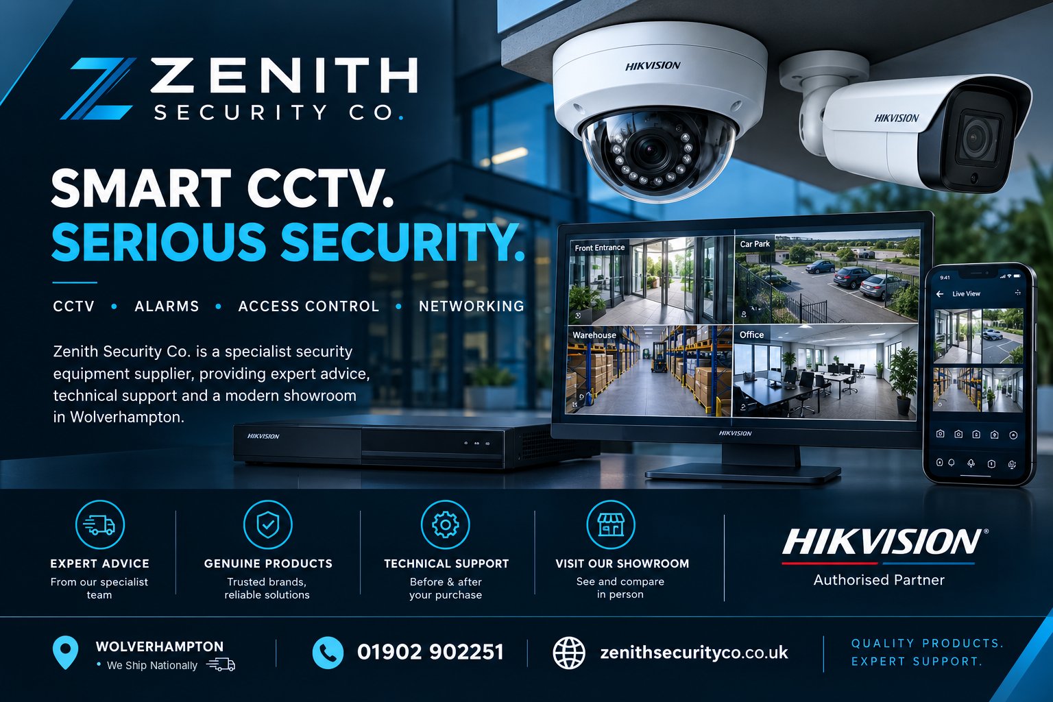 Zenith Security Co commercial CCTV in Wolverhampton: Hikvision dome and bullet cameras, NVR and multi-camera live view, authorised Hikvision partner